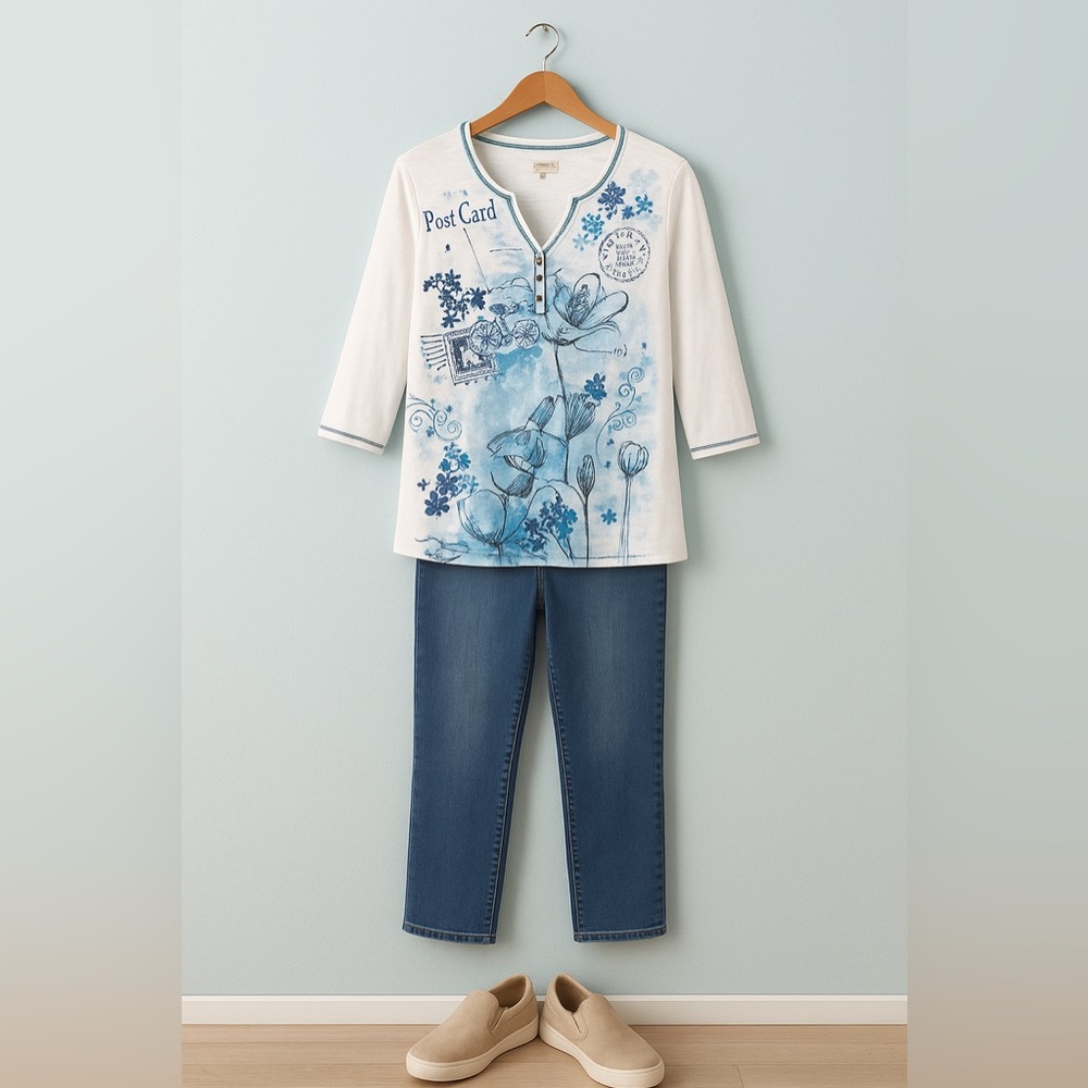 Christopher & Banks Shirt Womens Petite Medium  Stretch VNeck  Multicolor Paris